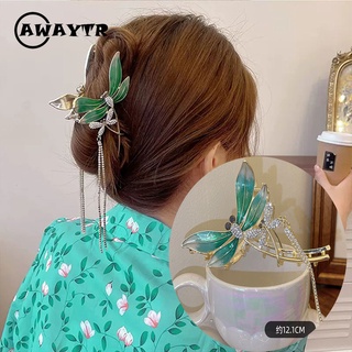 Awaytr ใหม่ กิ๊บติดผม ประดับเพชร รูปแมลงปอ สีเขียว สไตล์เกาหลี 12 ซม.