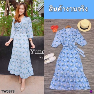 Maxi Dress แม็กซี่เดรสคอวีลายดอกไม้ แขนยาวสามส่วน เนื้อผ้าโรนัลโด้