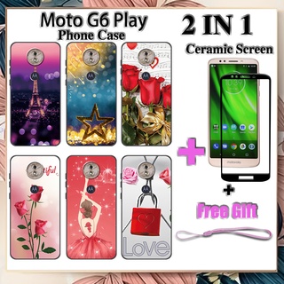 2 IN 1 เคสโทรศัพท์ Motorola Moto G6 Play E5 พร้อมกระจกนิรภัย เซรามิค ป้องกันหน้าจอ โค้ง ฟิล์มนิรภัย โรแมนติก