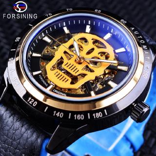 Forsining Mens Skull Automatic Watches Water Resistant Luminous Hands Black Blue Leather Watch