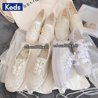 💎KEDS WF57805 TRIPLE GLITTER CREAM รองเท้าผ้าใบผู้หญิง แบบผูกเชือก พื้นหนา กลิตเตอร์ สีครีม