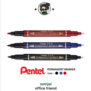 Pentel ปากกามาร์คเกอร์ Permanent 2หัว ปากกามาร์คเกอร์ แบบลบไม่ได้ กันน้ำ เขียนบนวัสดุผิวลื่นได้ มีหัว 2 แดง, ดำ, น้ำเงิน