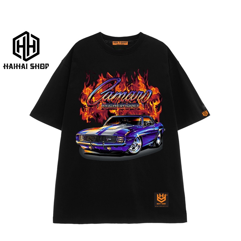 เสื้อยืดผู้ชายและผู้หญิงหลวมแขนยาวพิมพ์ลาย Fire Camari Vehicle 461 ผ้าคอตตอน 75%