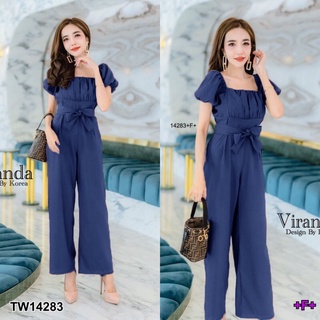 G114283 Jumpsuit จั๊มสูทขายาว แขนพอง ช่วงอกจับจีบ