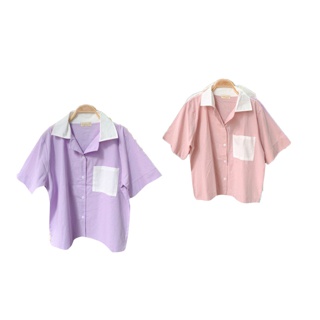 ผลิตรุ่นครอปเพิ่มด้วยน้า ZV0088 Two-tone Basic top เสื้อเชิ้ตโอเวอร์ไซต์ ทูโทน สุดน่ารัก