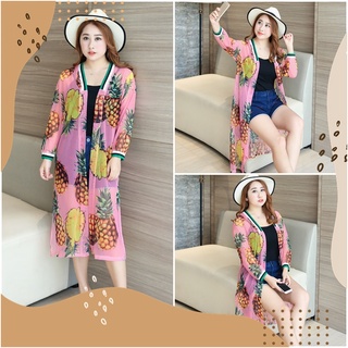 PMSWEET PLUSSIZE : PM4172 : พร้อมส่ง เสื้อผ้าไซส์ใหญ่ คนอ้วน สาวอวบ เสื้อคลุมตัวยาว ผ้าตาข่ายซีทรูพิมพ์ลายสับปะรด