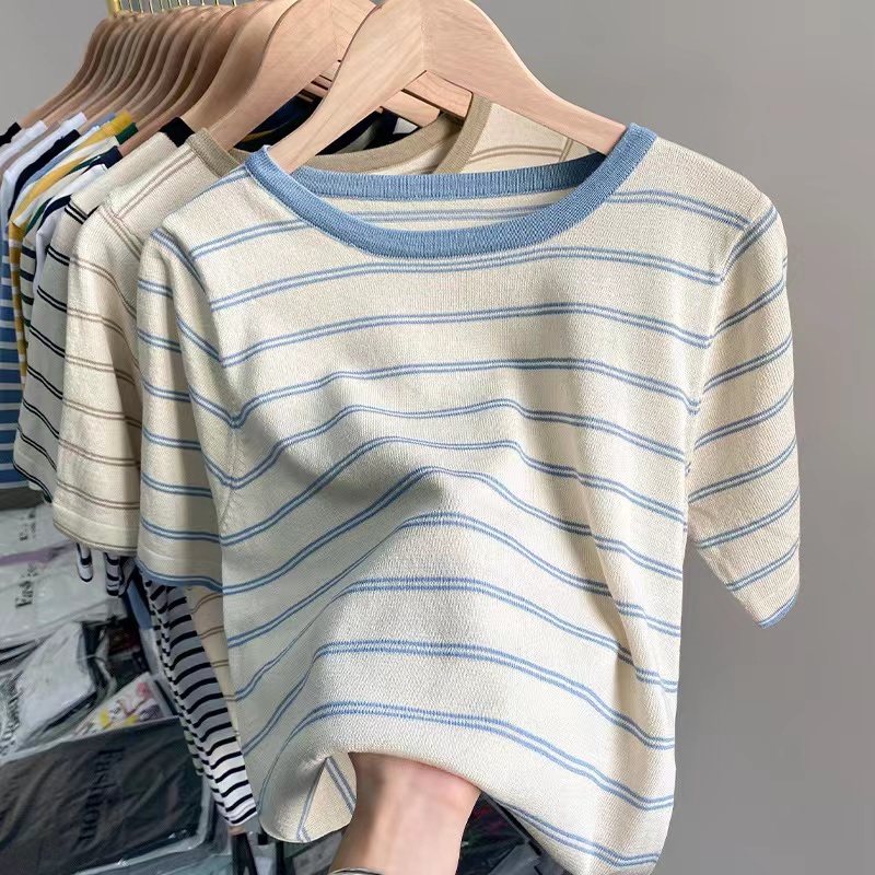 Knitwear striped short-sleeved T-shirt women's summer loose and thin ice silk thin half-sleeve top buy one get one free #2