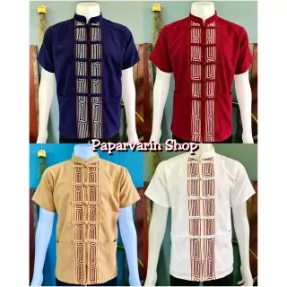 เสื้อผ้าไทยพื้นเมืองชาย ผ้าฝ้ายพื้นเมืองคอจีนแต่งเชือกแขนสั้นใส่ออกงานใส่ทำงานอก 40,42,44,46,48,50,52,54,56