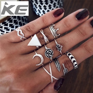 Geometric Alloy Rings Popular Flower Crown Leaves Cross Triangle Love Rings Set of 10 for girl