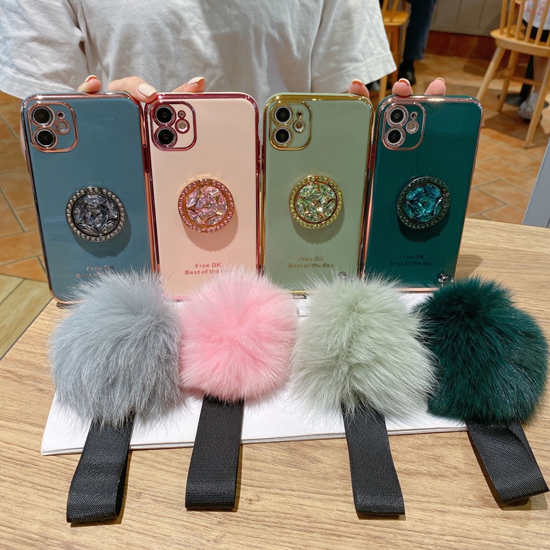 เคสโทรศัพท์ 2021 NEW Xiaomi 11 Lite 5G NE Mi 11 Lite Mi 10T Pro Redmi 10 Phone Case Plating TPU Soft Case Back Cover Hair Ball Lanyard with Rhinestone Stand เคส