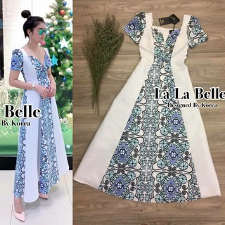เสื้อผ้าแฟชั่นทันสมัย Lalabell แม็กซี่เดรสคอวีแขนสั้นเข้ารูปช่วงเอวกระโปรงทรงเอยาวทิ้งตัวพิมพ์ลายกราฟฟิกช่วงแขน.