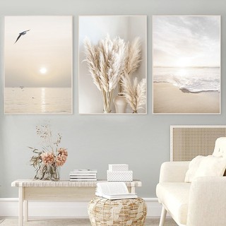 Trio Quadros Decorativos Praia Mar Pássaro Tons Neutros decoração Bege casa Sala Quarto