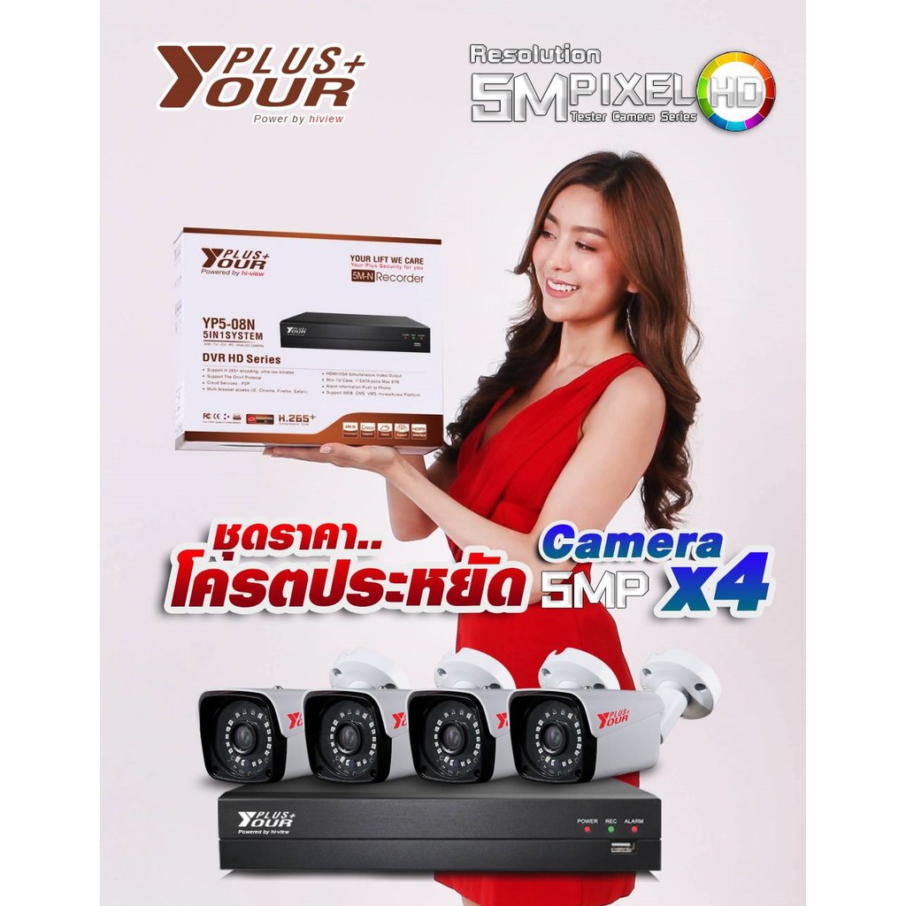 i view  Your plus+ ชุดกล้องวงจรปิด 4จุด รุ่นYP5-103B + DVR รุ่นYP5-08N(1ตัว) + ADAPTER12V ความละเอีย