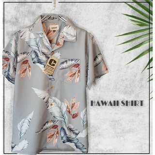 ⛱🐋 Hawaii Shirt เสื้อฮาวาย แนว THE TOYS ลายใบไม้ สีเทา ⛱🐋 มีถึง อก 48"