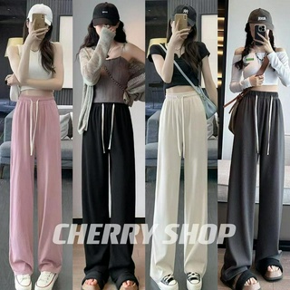 cherryshop พร้อมส่ง🔥กางเกงขากว้างผ้าไหมน้ำแข็งสตรีเอวสูงกางเกงลำลองทรงสลิม