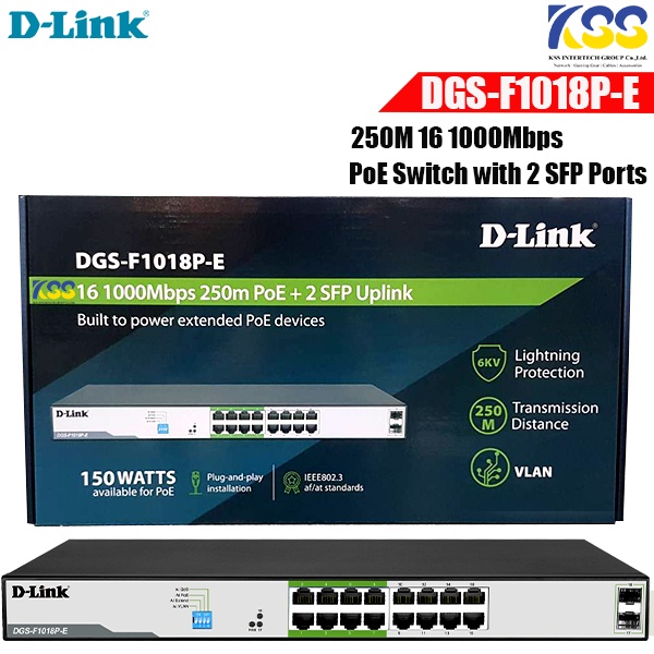 D-LINK DGS-F1018P-E 250M 16 Port Gigabit PoE Switch with 2 SFP Ports