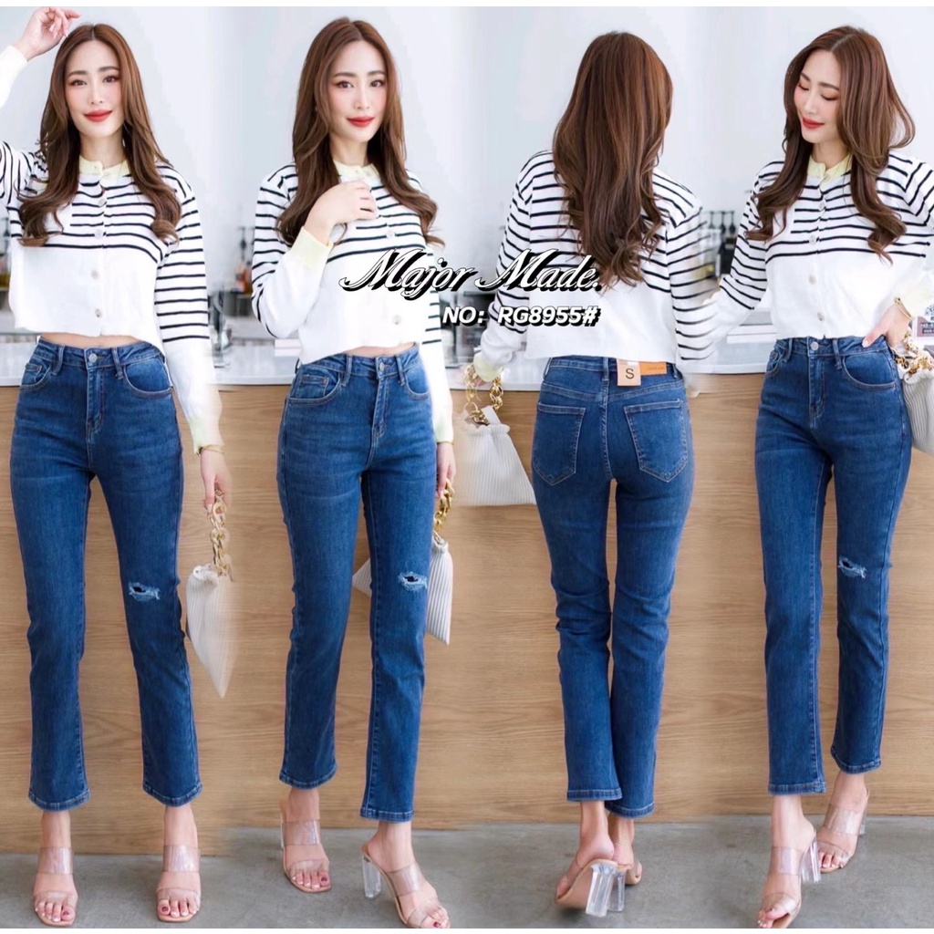 Ruige Jeans กางเกงยีนส์เอวสูงสีเข้ม8ส่วน•No.8955