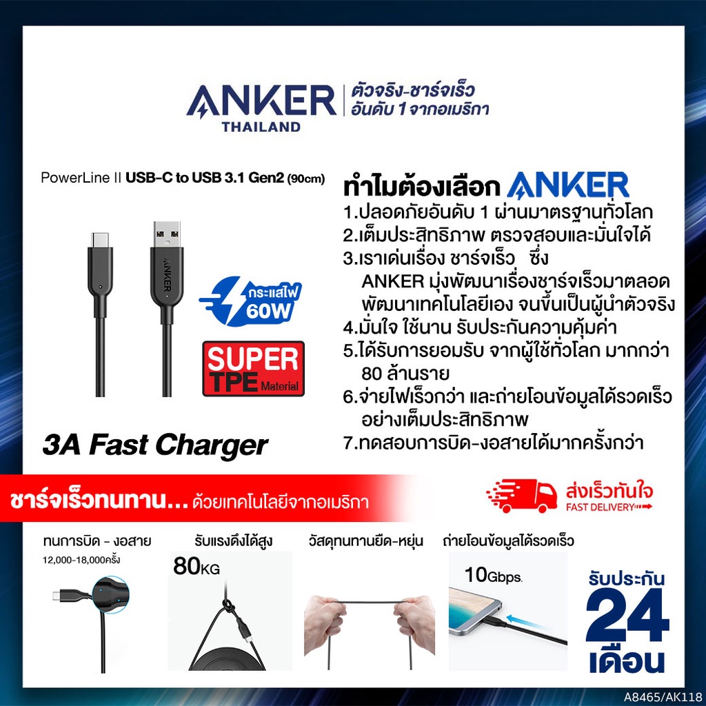 Anker PowerLine II USB-C to USB 3.1 Gen2 ความยาว 90 cm (3ft) สายชาร์จ ชาร์จเร็ว แข็งแรงทนทาน - สีดำ 