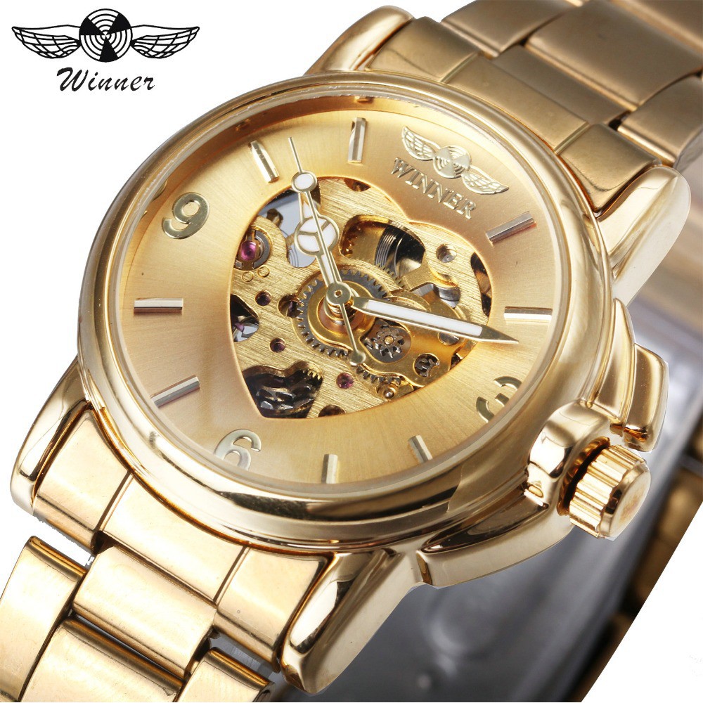 WINNER ผู้หญิง Automatic Mechanical Heart Dial Skeleton Watch