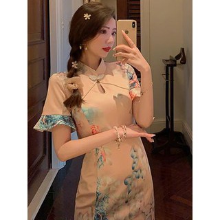 กี่เพ้า รุ่นปรับปรุงของ cheongsam ของผู้หญิง สไตล์จีน กระโปรงยาว ชุดกี่เพ้า