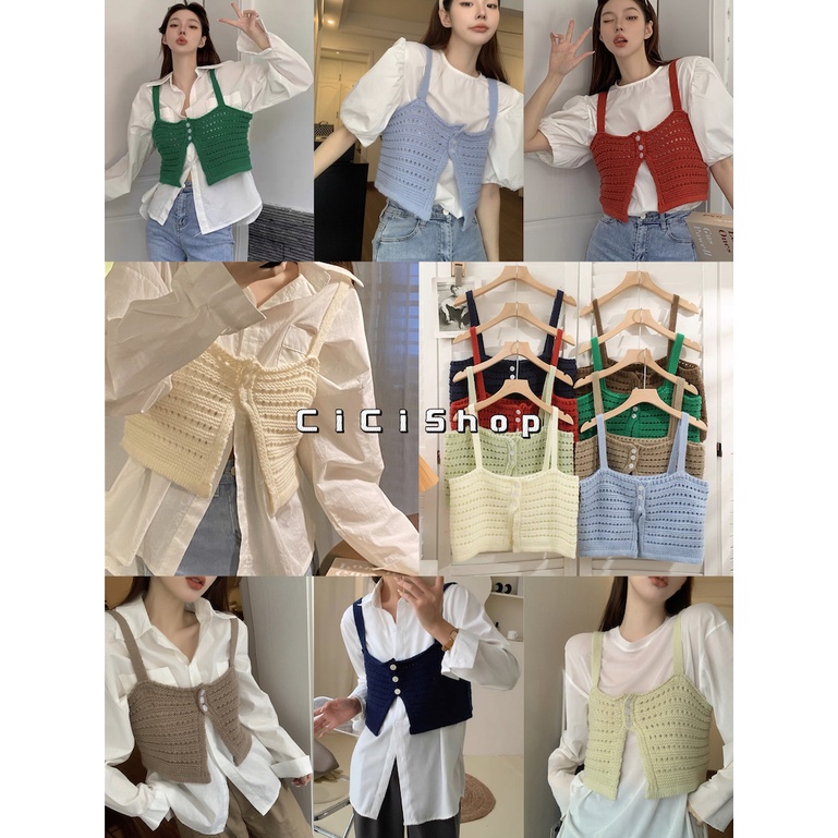 Cicishop(SALE/สุ่มสี 6650)สายเดี่ยวไหมพรมถัก แต่งกระดุม3 เม็ด ยืดหยุ่นได้ ทรงเบสิคแพทเทิลเนี๊ยบ ทรงสวย