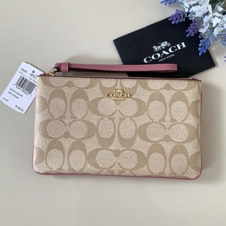 🎀 คล้องมือ 1L ลายซีสีเบจ หูชมพู Rose COACH 58695  LARGE WRISTLET IN SIGNATURE CANVAS