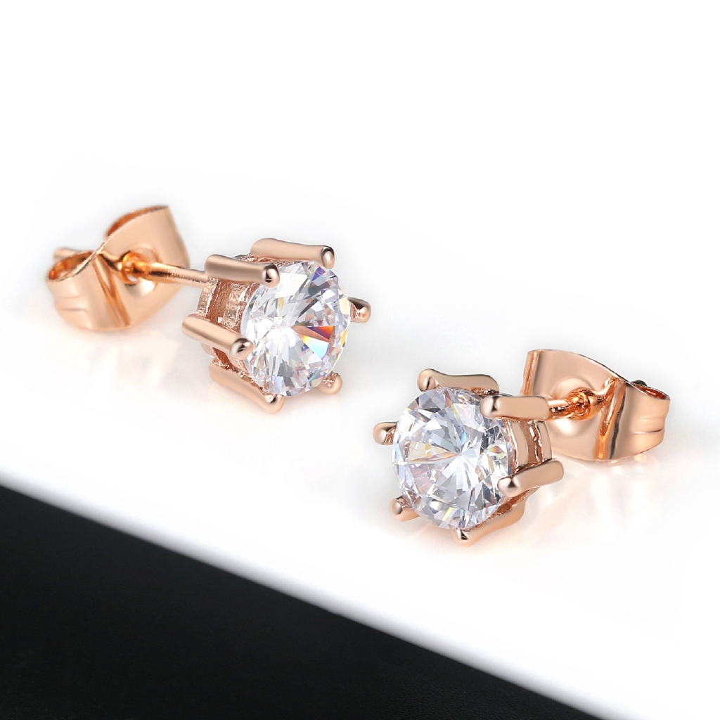 ZHOUYANG หกกรงเล็บ 5mm 0.5ct CZ คริสตัลสี Rose Gold ต่างหูสตั๊ดคริสตัลเครื่องประดับจัดงานแต่งงานสำหรับผู้หญิง Brincos E036 E035
