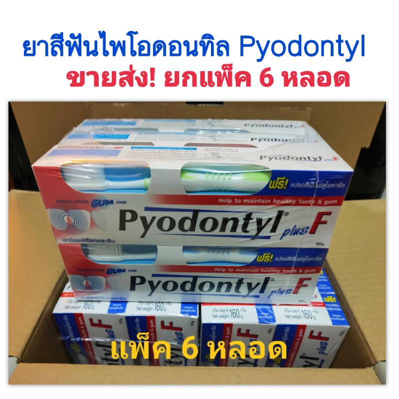 🔥12.12🔥(ขายส่ง!ยกแพ็ค 6 หลอด)แถมแปรงฟรีในแพ็ค คละสี Pyodontyl plus F ยาสีฟันไพโอดอนทิล พลัส เอฟ 160 