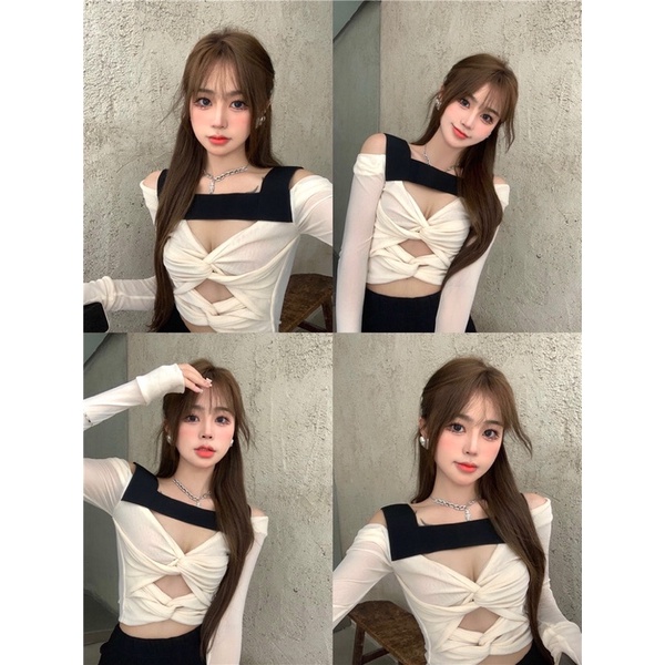 🤎เสื้อครอป แขนยาว แต่งไขว้หน้า สุดเซ็กซี่ ซิปหลัง เสื้อสีครีม 26SEP21