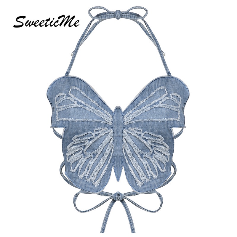 Sweeticme 2022 ใหม่เสื้อยีนส์สําหรับสตรีเซ็กซี่แขนกุดมีสายคล้องคอลายผีเสื้