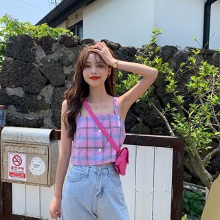 พร้อมส่ง 🍑 Pink plaid single-breasted crop top เสื้อครอปสายเดี่ยวลายสก็อต