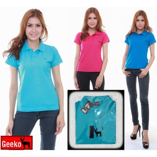 เสื้อโปโล ( Polo Shirt )แบรนด์ Geeko ตรากวาง สีพื้นหญิง สีเขียว(เทอคอยท์) Gkc - 23W