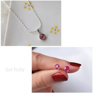 Ruby Birthstone Set เซทต่างหู จี้ สร้อยคอ 16” พลอยทับทิมแท้ ขนาด 4 มม.ตัวเรือนเงินแท้ 925