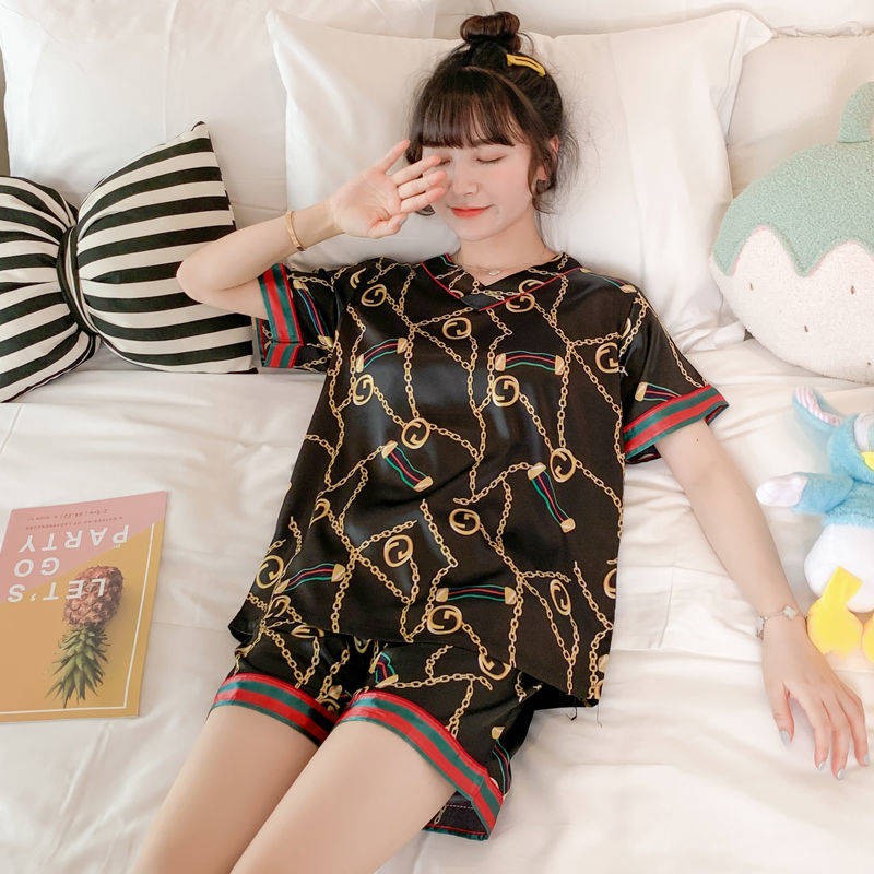 ชุดนอนผ้าไหมแขนสั้นลายการ์ตูนน่ารักสไตล์เกาหลีสําหรับผู้หญิง ...