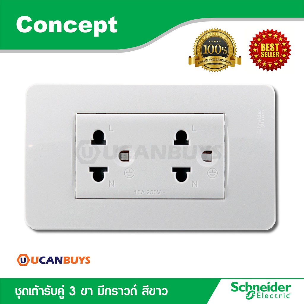 Schneider ชุดปลั๊กคู่ 3 ขา มีกราวด์ + หน้ากากฝาครอบ สีขาว รุ่น Concept
