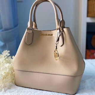 Michael Kors Trista Leather Large Grab Shoulder Tote Bag   ขนาด ฐาน 10" ปากกระเป๋าตอนไม่เกี่ยว