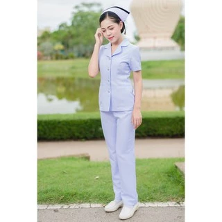 พร้อมส่ง**เฉพาะเสื้อ**คอเทเลอร์มนแขนสั้น ผ้าวาเลนติโน่ ขาวโอโม่ ชุดพยาบาลสำเร็จรูป ชุดพยาบาลร้านอ๋อง