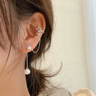 ต่างหูหนีบดอกไม้คริสตัลห้อยโซ่ • Crystal Flower chain Ear cuff