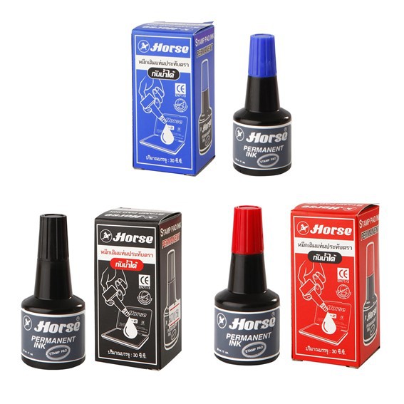 หมึกเติมแท่น ประทับตรา กันน้ำ ตราม้า 30 ซีซี น้ำเงิน / ดำ / แดง (ราคาต่อ 1 ขวด)