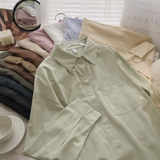 เสื้อเชิ้ตแขนยาว ทรงหลวม สีพื้น สไตล์เกาหลี สําหรับผู้หญิง พร้อมส่ง