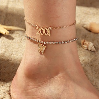 กำไลข้อเท้า 2pcs 2001 and butterfly  rhinestone anklet