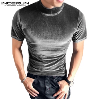 Incerun เสื้อท็อปคอกลมแขนสั้นกํามะหยี่สีพื้น 4 สีสําหรับผู้ชาย