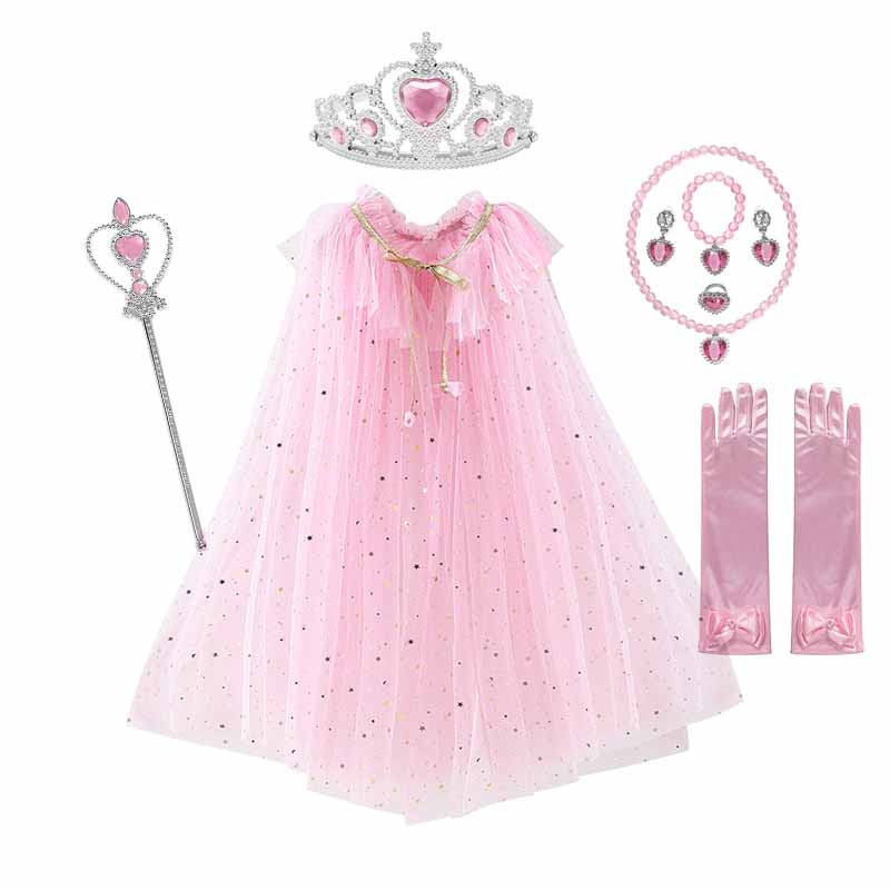 สาวเลื่อม Drawstring เสื้อคลุม Elsa แต่งตัวเจ้าหญิงอุปกรณ์เสริม Aurora Cape Crown Magic Wand สร้อยคอถุงมือชุดคอสเพลย์ Mantle