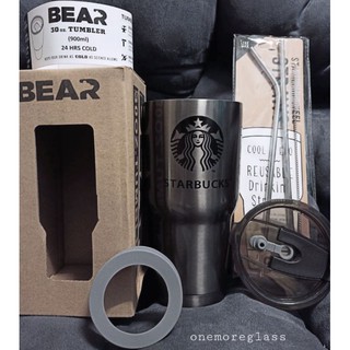 💦🥤แก้วเยติสีเงิน สกรีนสตาบัค แบรนด์แท้ BEAR ขนาด30 Oz.แถมฟรี🌈หลอดสแตนเลสพร้อมแปรงล้างหลอด ยาวรองแก้ว1อัน ฝาแก้วน้ำ1อัน🥤💦