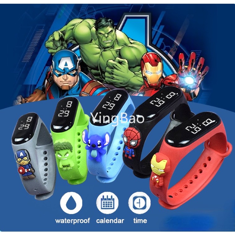 นาฬิกาข้อมืออิเล็กทรอนิกส์ มีไฟ LED กันน้ํา ลายการ์ตูนสไปเดอร์แมน ค้างคาว สติตช์ เหมาะกับของขวัญ สําหรับเด็กผู้ชาย