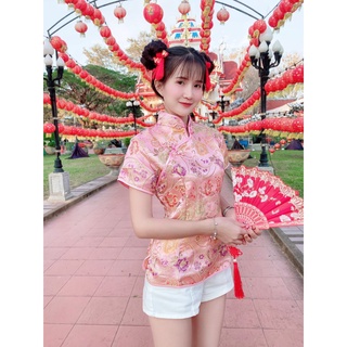 AL-21#🧧เสื้อกี่เพ้า (เสื้อจีนคอตั้ง) แขนสั้น มีซิปข้าง นำเข้าจากประเทศจีน เป็นเนื้อผ้าซาติน สีสันสวยเด่น  aling88888 21-5#