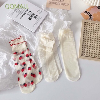 QQMALL Transparent Lolita Socks Cute Tube Socks Women Hosiery College Style Lace Ruffles Strawberry Summer Girls Cartoon