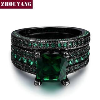 Zhouyang(โจวหยาง) ด้านคุณภาพ  6mm Cubic Zirconia สร้างสีเขียวคริสตัลสแควร์แหวนสีดำสีทองพรรคแหวน R689