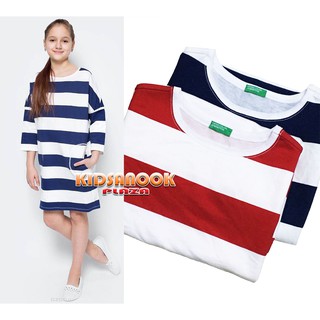 [แท้]BNT59 ชุดกระโปรง Benetton รุ่น Stripe Dress (สำหรับเด็กอายุ 4-14 ปี) เดรสผ้ายืดลายขวาง เนื้อดีมาก