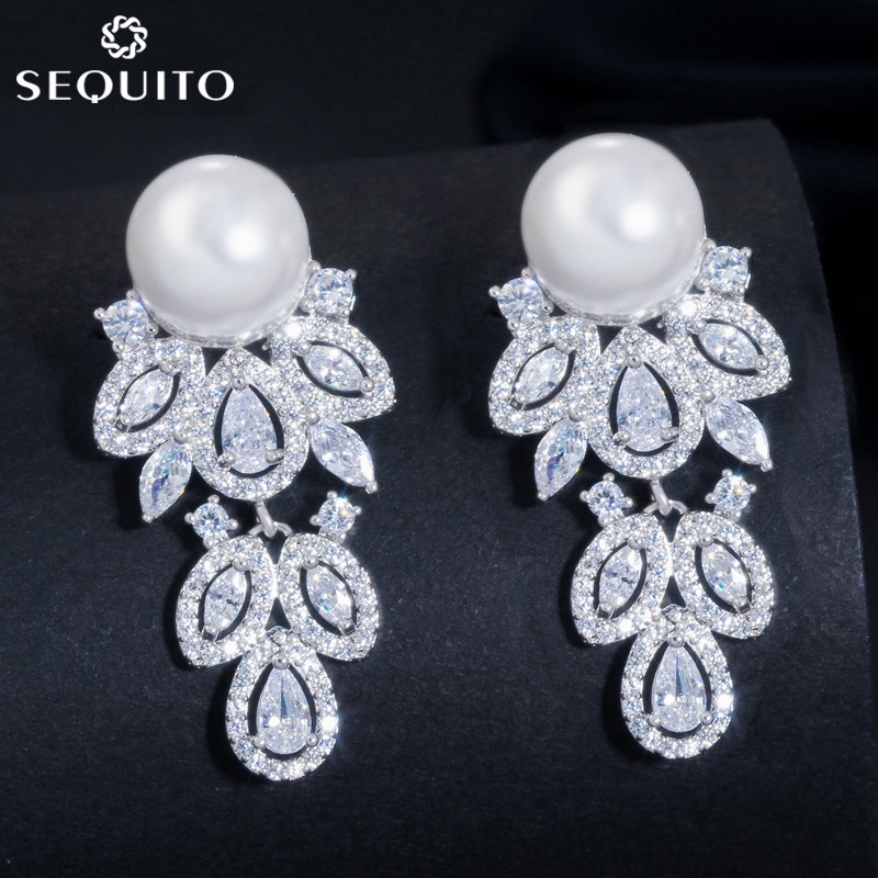 SEQUITO ผู้หญิงประณีต Flashwater Pearl Zirconia คริสตัล 925 Silver Pin Drop ต่างหูเจ้าสาวเครื่องประดับชุบเงิน E159